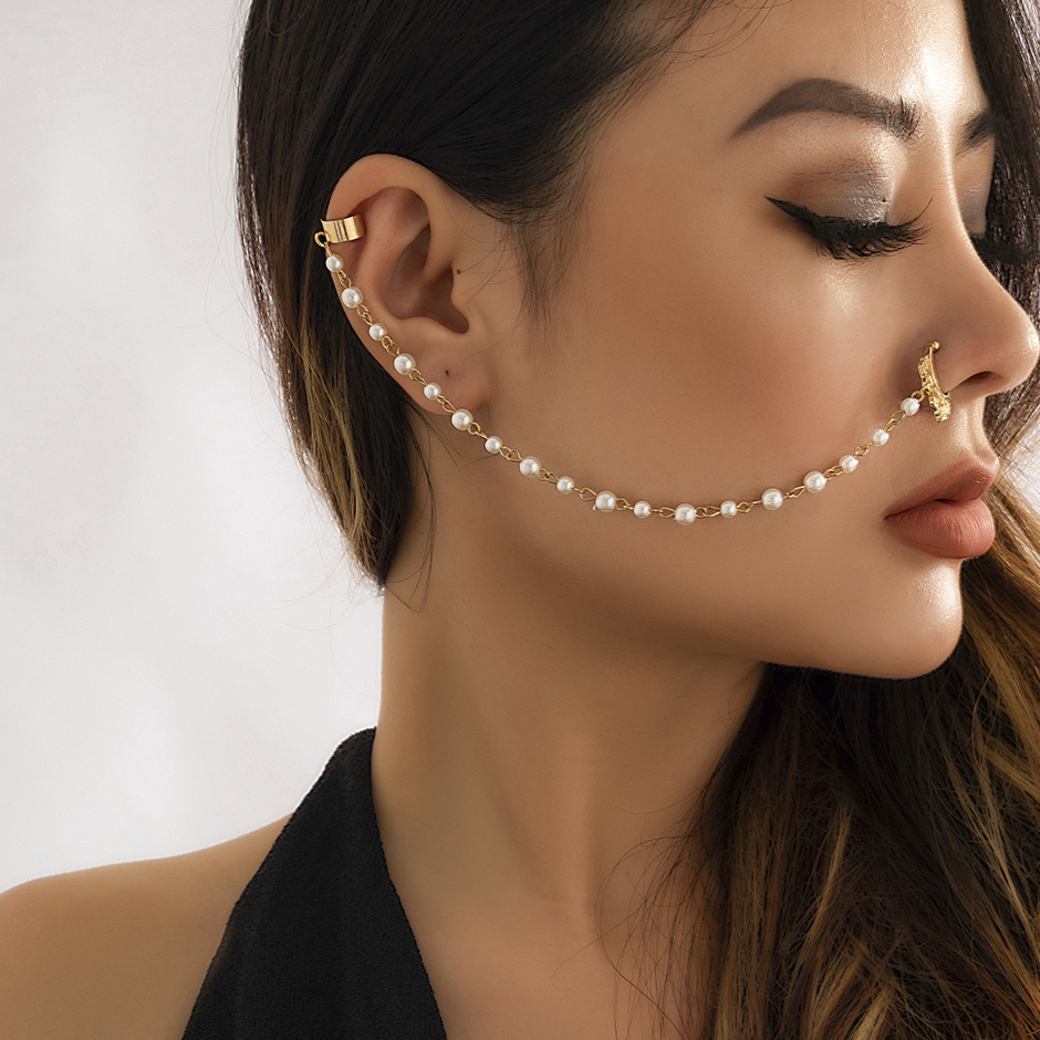 TEMU 1pc Aretes de Nariz para Mujer Color Dorado Bohemio con de Perlas y Cadena de Metal Empalmada + Tornillo Integrado con Cadena para de Banquete,