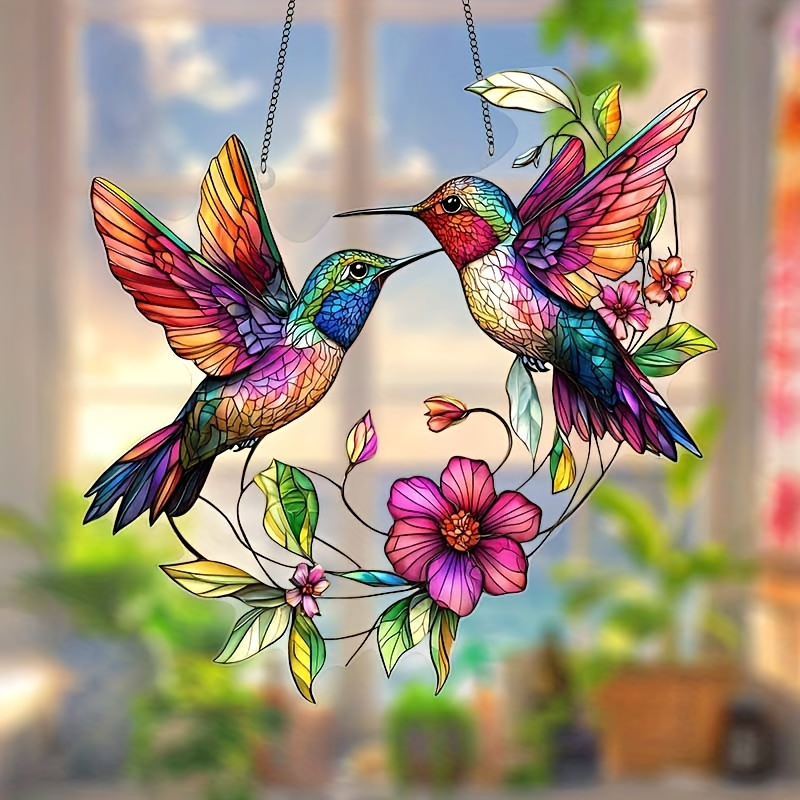 

2d Flat, Stained Glass Hummingbird Suncatcher, 8"x8", Christmas Decor, Perfect Gift For Women & Friends, Unique Holiday Room & Wall Accent, Ideal Housewarming Present, Animal Theme, Garden Collectible