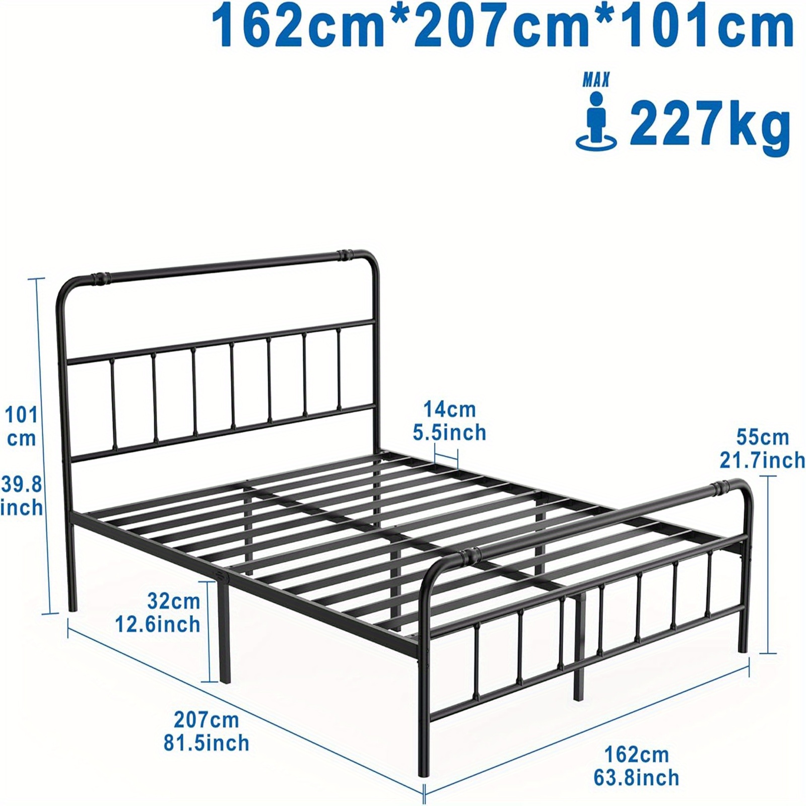 TEMU Bed Frame Metal Bed Metal Bed Frame Guest Bed Metal Bed Youth Bed For Bedroom With Headboard Double Bed/single Bed, Black