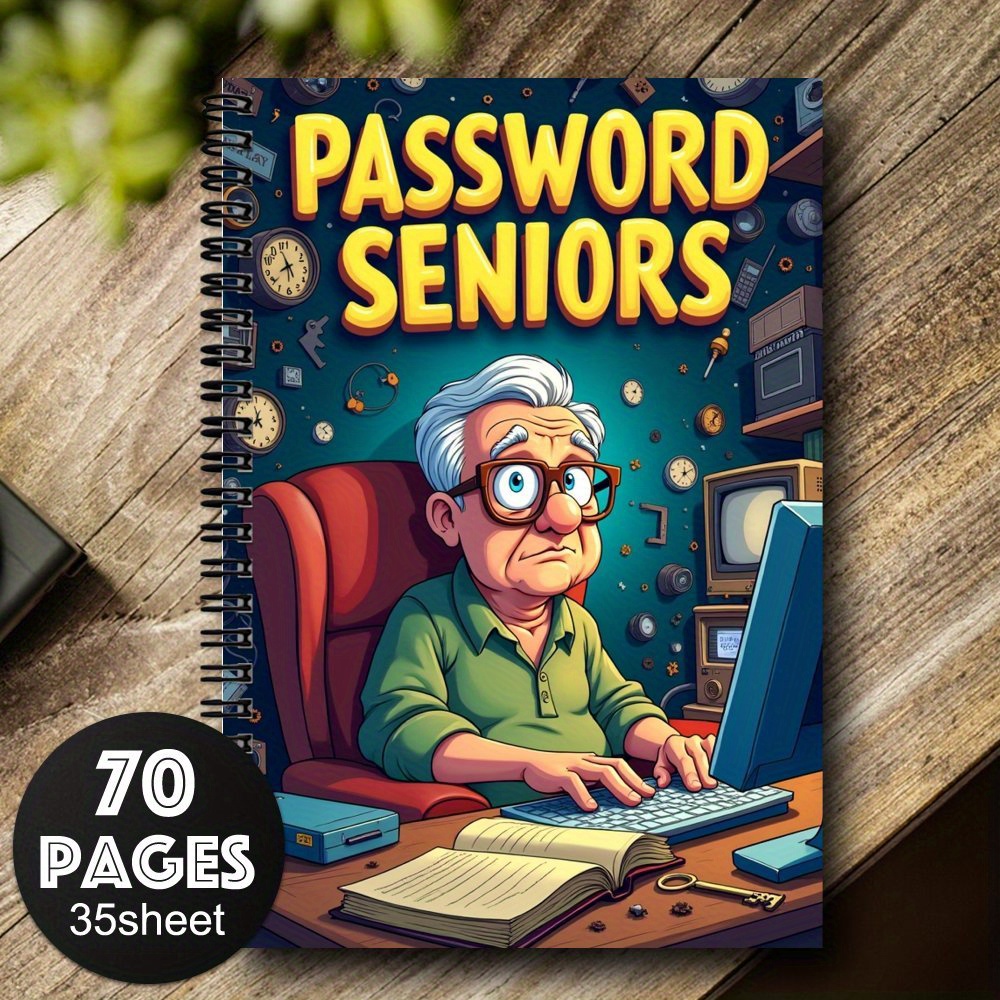 E-shop Passwortnotizbuch im Cartoon-Design für Senioren, als Spiralheft konzipiert, um Internet- und Computer-Login-Daten zu protokollieren,