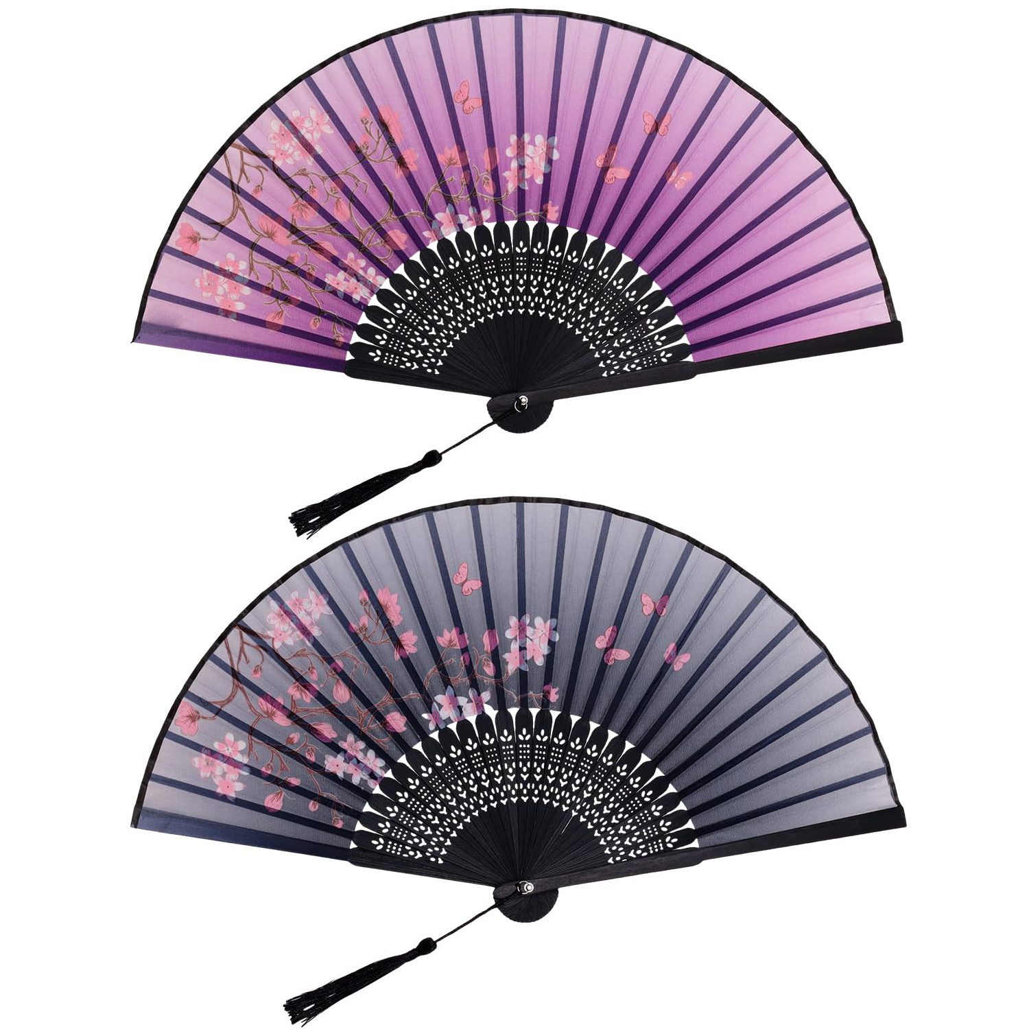 Image of 2pcs Handheld Folding Fan Bamboo Fans With Tassel Chinese Japanese Handheld Fan With Fabric Sleeve For Women And Men Music Party Decoration