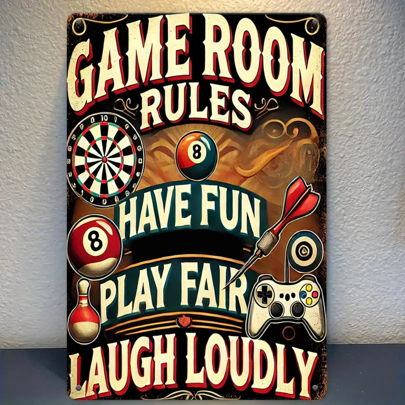 TEMU A Vintage Game Room Rules Sign - 12x8 Inch Iron Wall Decor Featuring Retro Darts, Billiards, And Game Controller Designs - Humorous Rules For ''