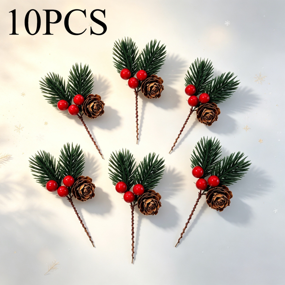 TEMU 10pcs, Realistic Ornaments, With Lifelike Brown Pinecones And Red Berries - Evergreen Wreath, Garland, Tree Decor - Durable Christmas Hanging