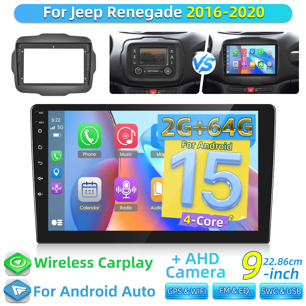 Image of 2g+64g 15 Double Din For Renegade 2016-2020 Car Stereo Auto, Car Radio 9 Inch Touch Link Gps Wifi Swc Eq Fm/ Rds + Ahd Backup Camera Halloween & Christmas, Multimedia
