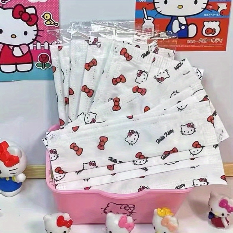 E-shop 10er-Pack Einweg-Gesichtsmasken mit Hello Kitty, modische 3-lagige Vliesstoffe, niedlicher Cartoon-Druck, stilvolle dekorative
