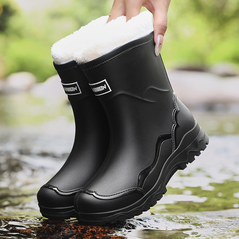TEMU Women's Fleece-lined Mid-calf Rain Boots, Fashionable Warm Non-slip Round Toe Rain Shoes, Thick Sole Durable Outdoor Cold-proof Rubber Boots,