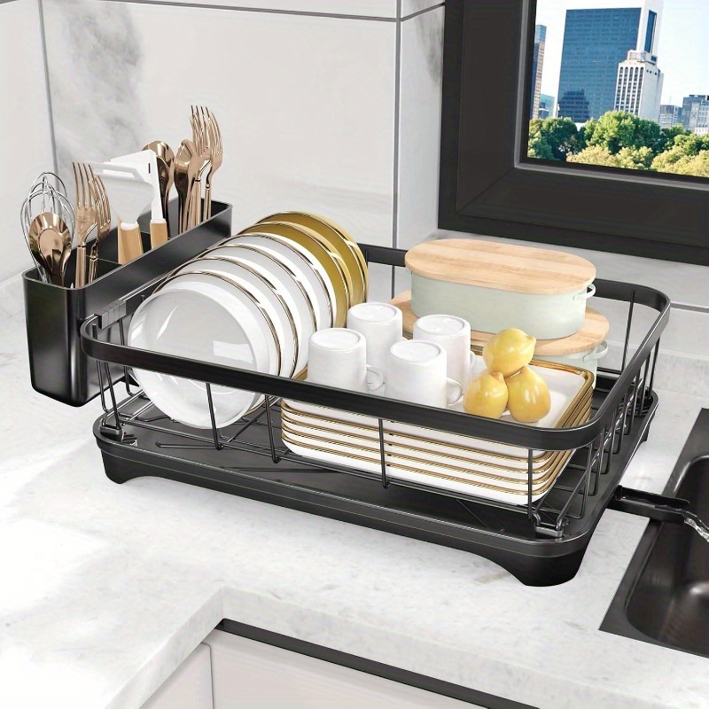 large capacity single tier dish drying rack with utensil holder & cutlery tray - space-saving countertop organizer,   kitchen counter dish drainer for plates, bowls, cups, utensils -   for small kitchens, dish drying rack for kitchen counter, utensil storage, modern kitchenware, sturdy construction, home cooks, food safety, small spaces, families, cooking enthusiasts Product details 0