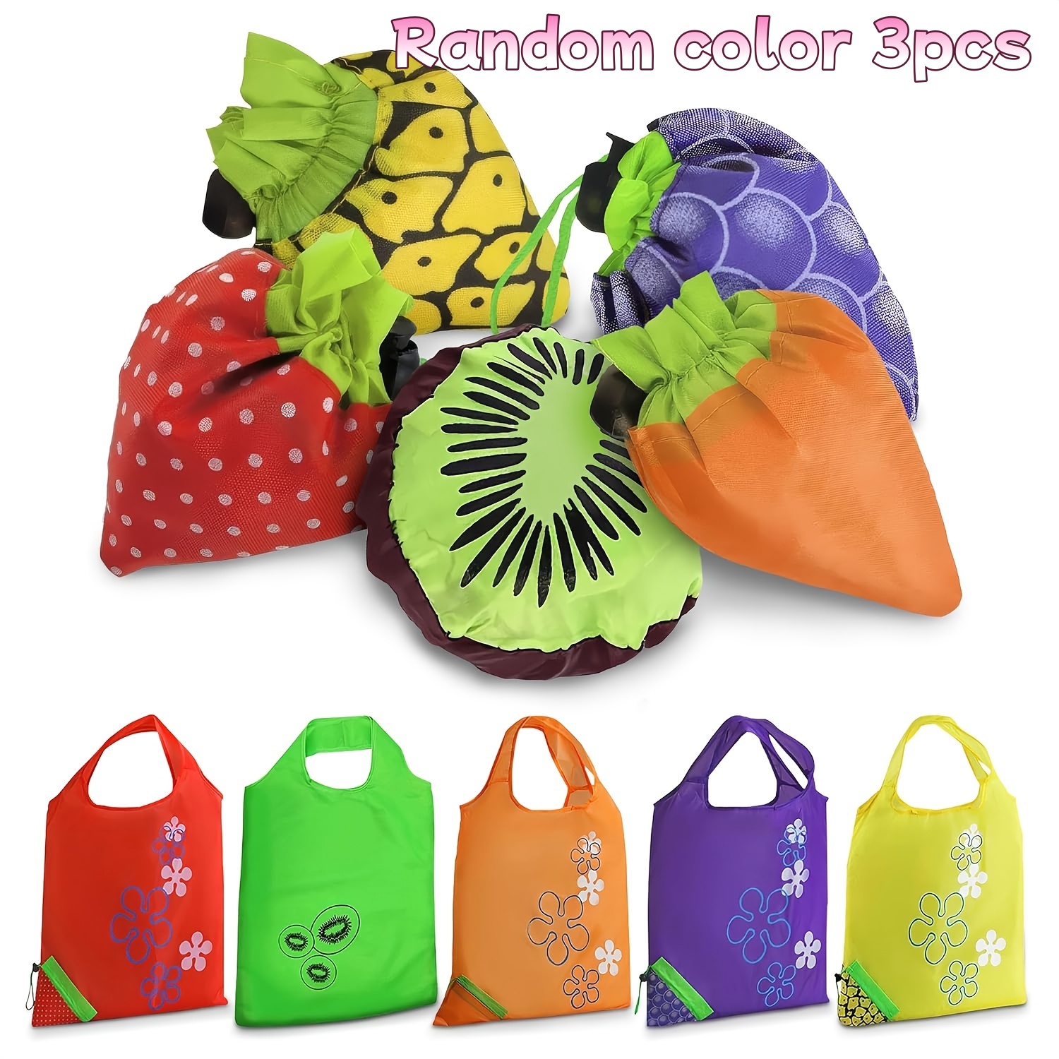 TEMU 3-pack Fruit Print Reusable Shopping Tote Bags, Foldable Storage Bags, Random Style, Convenient For Travel, Washable And Wear-resistant Design