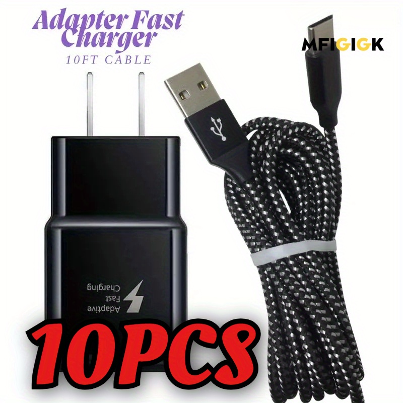 mfigigk 10pcs lot adaptive fast charging wall charger 10ft braided usb c cable black for galaxy s25 s24 s23  15 a13 a03s a53 s22 s21 s20 s10 s9   phone us plug, 110v-130v, 10-20w output, fast charger adapter, mobile charger fast charging, super fast usb charger, usb charger fast charging, mobile charging solution,   adapter, sleek power adapter, portable charging block, sturdy construction, reinforced cable, usb power adapter,   travelers, smartphone Product details 0