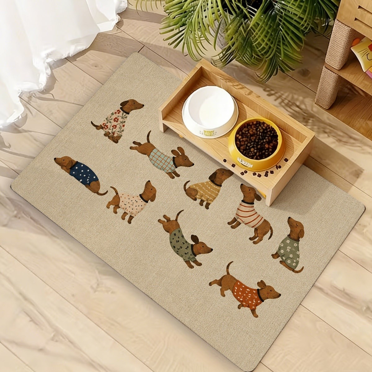 TEMU Cute Hand-drawn Dachshund Pattern Cat Feeding Mat, Diatomaceous Earth Material Pet Mat, Featuring A Fun Dachshund Wearing Various Patterns Of