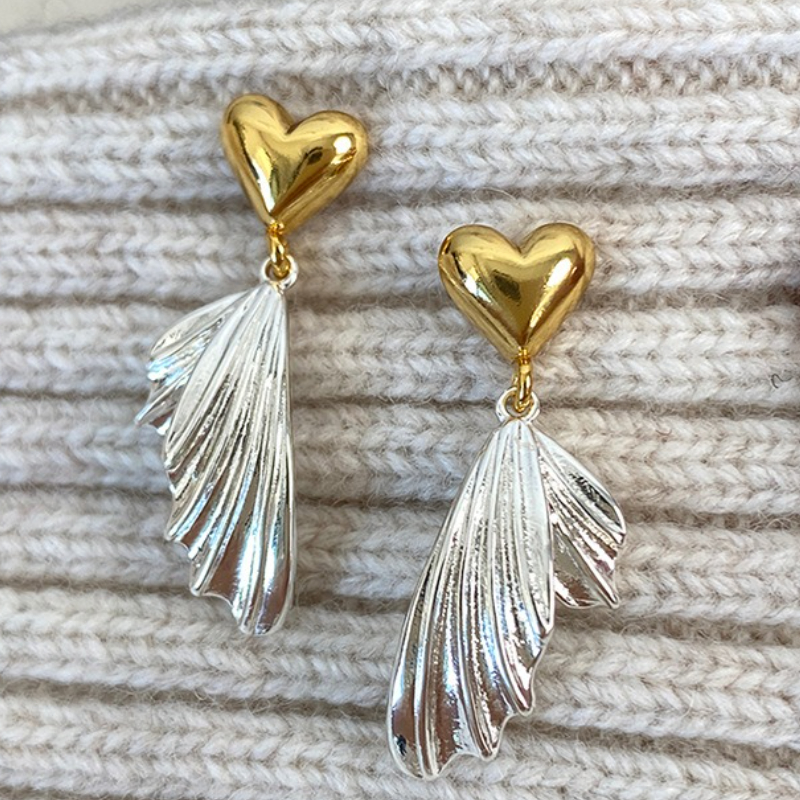 Golden Silvery Heart Leaf Pendant Earrings for Women