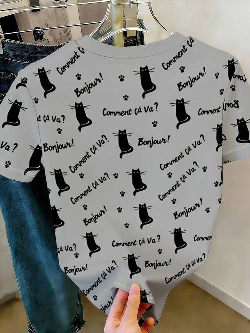 womens round neck short sleeve printed top with cat pattern fashionable and versatile for daily wear comfortable and breathable suitable for shopping dates and parties a perfect gift