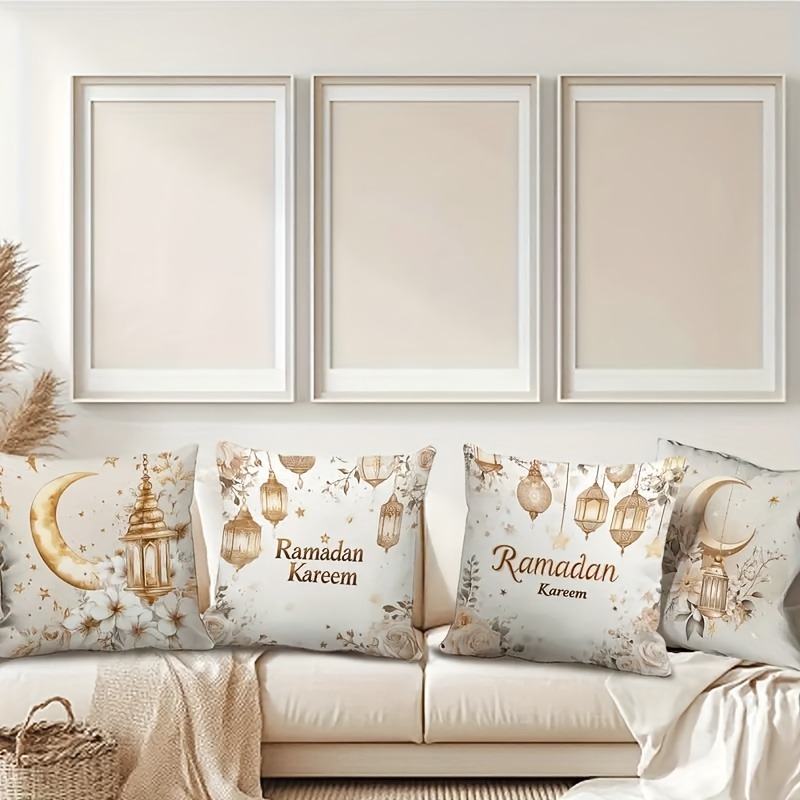 4pcs Single-sided Printed Peach Skin Pillow Case Ramadan Decorative Moon Lantern Lantern Star Flower Pillow Case Golden White Comfortable Soft Pillow Case, Suitable for Living Room Bedroom Sofa Bed Decoration, Pillow Core-free