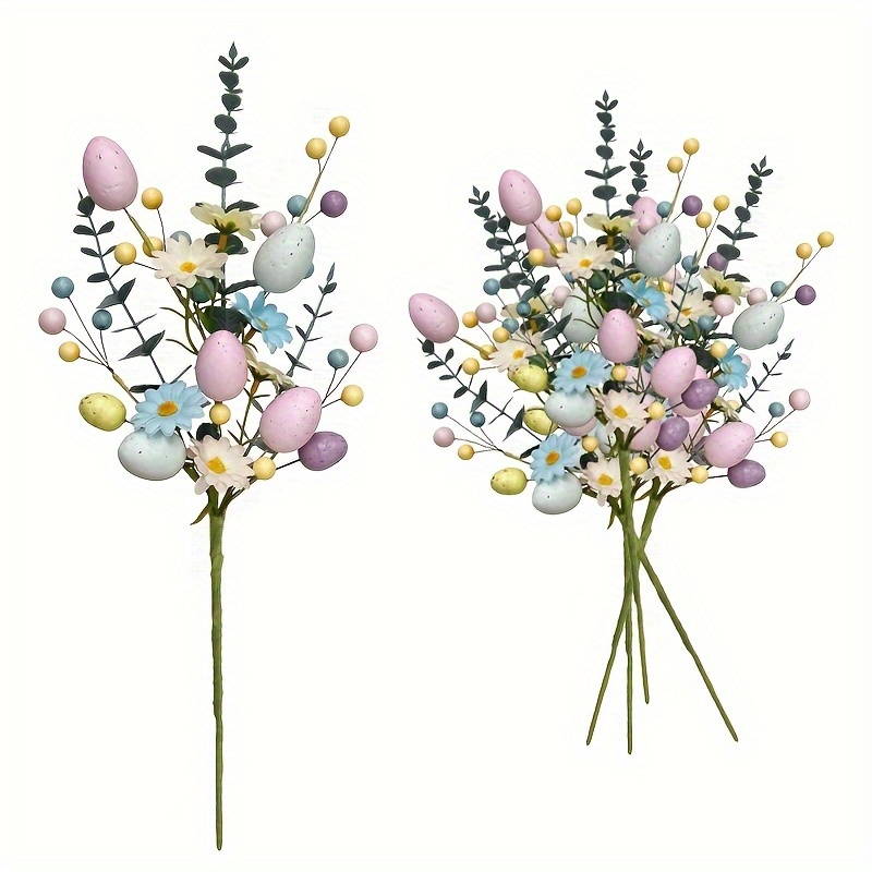 Set Of 3 Faux Easter Flower Stems Featuring Eggs And Vibrant Berries - Spring Centerpiece Decorations With Pastel Eggs, Daisies, And Twigs For Easter Displays