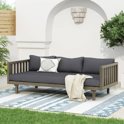 3 seater outdoor daybed with acacia wood frame grey high quality cushions manual recliner slat solid backrest for patio garden balcony easy assembly cushions for outdoor furniture elegant durable hardwood