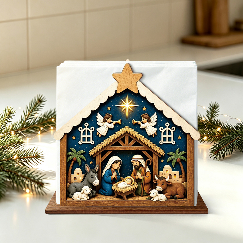 TEMU Organizador de pañuelos de mesa de Navidad 2D , 1 pieza, con diseño de , soporte de pañuelos de madera, , ángel y de animales de granja,