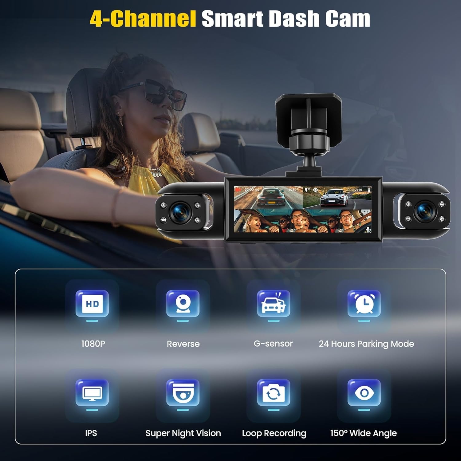 4 channel 360 dash cam for cars with front rear inside cameras night vision parking monitor continuous loop recording compact dash camera suitable for cars trucks rvs buses driver warning system 5