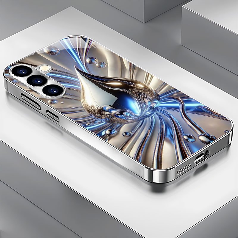 TEMU Phone Case: Metal Tech Pattern Electroplated Silver Tempered Glass Phone Case For Galaxy S25/s24/s23/s22/s21/s20/note