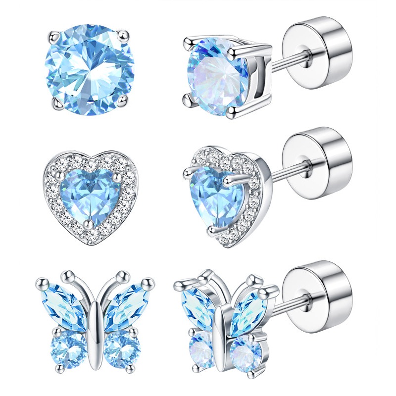 Image of 2d Flat - Set Of 3 Pairs Of 925 Sterling Silver Post Earrings Featuring Flat Back Heart And Designs With Birthstones, Perfect As A Birthday Gift For Women