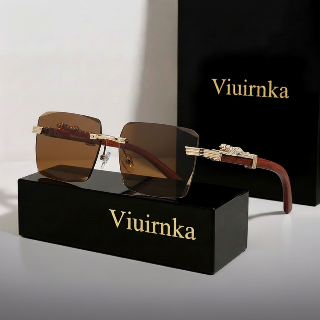 Men's Gold Rimless Woodgrain Sunglasses – Brown Gradient Lens, UV400, Square Metal Frame, Hip Hop Style