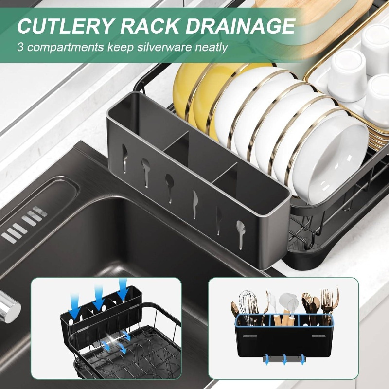 large capacity single tier dish drying rack with utensil holder & cutlery tray - space-saving countertop organizer,   kitchen counter dish drainer for plates, bowls, cups, utensils -   for small kitchens, dish drying rack for kitchen counter, utensil storage, modern kitchenware, sturdy construction, home cooks, food safety, small spaces, families, cooking enthusiasts Product details 2