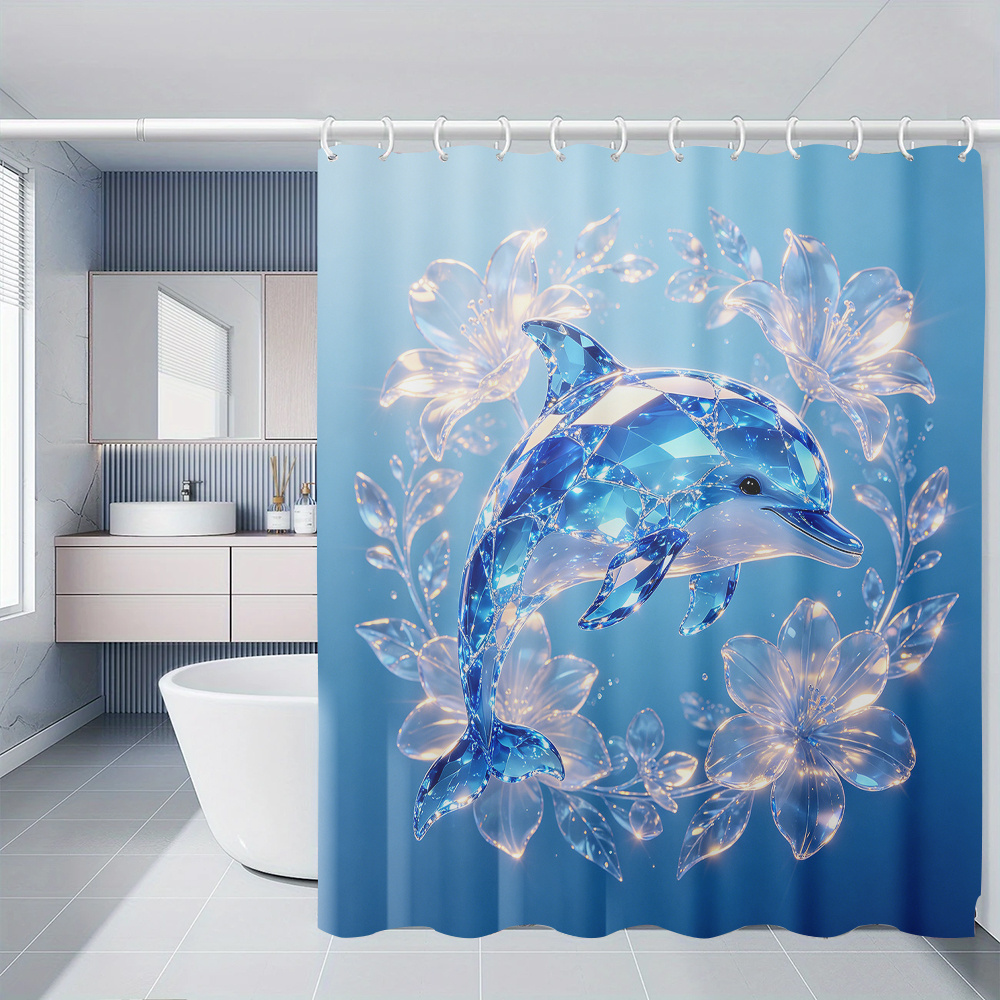 TEMU 1pc Crystal Dolphin Flower Pattern Printed Shower Curtain, Home Decoration Bathroom Curtain, With 12 Hooks, Suitable For Windows And Walls,