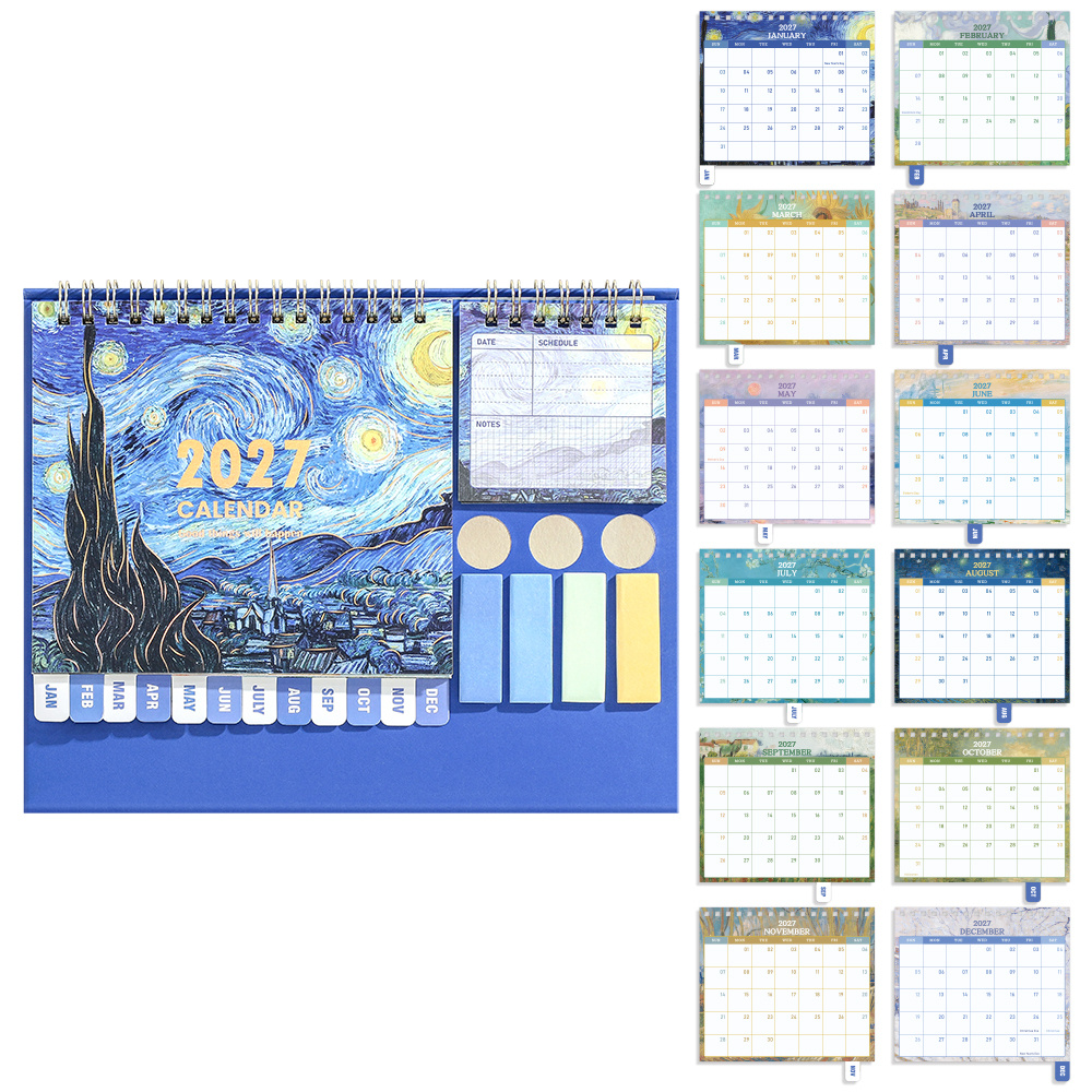 TEMU Icceemee 2027 Starry Night Desk Calendar With Monthly Tabbed Calendar, Sticky Notes & Pen Holder Suitable For School, Home Office Organizer, Pen