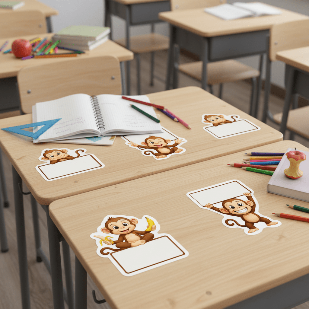 24pcs Cartoon Monkey Themed Name Label Stickers, Monkey Pattern