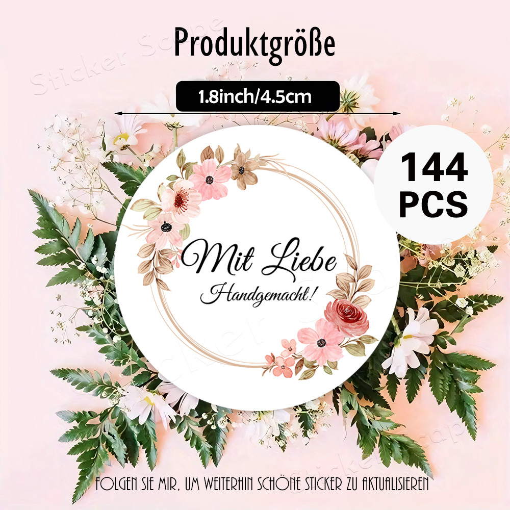 TEMU 48/96/144 Stück runde Aufkleber im Aquarell-Stil mit einem beigen Ring und einem floralen Kranz, Thema "Handgefertigt mit Liebe!", geeignet für