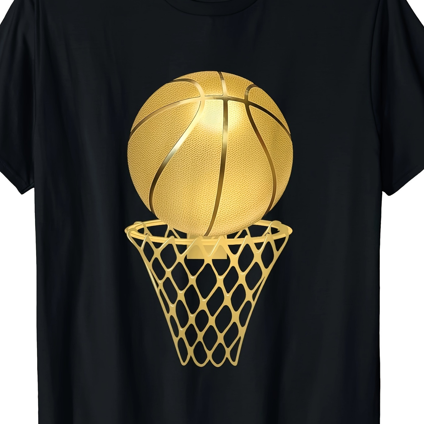 

Men's Cotton Basketball Graphic T-shirt, Casual Crew Neck, Regular Fit, With Slight Stretch, With Basketball Hoop And Ball Applique, For Summer Knit Fabric Tee, Sports