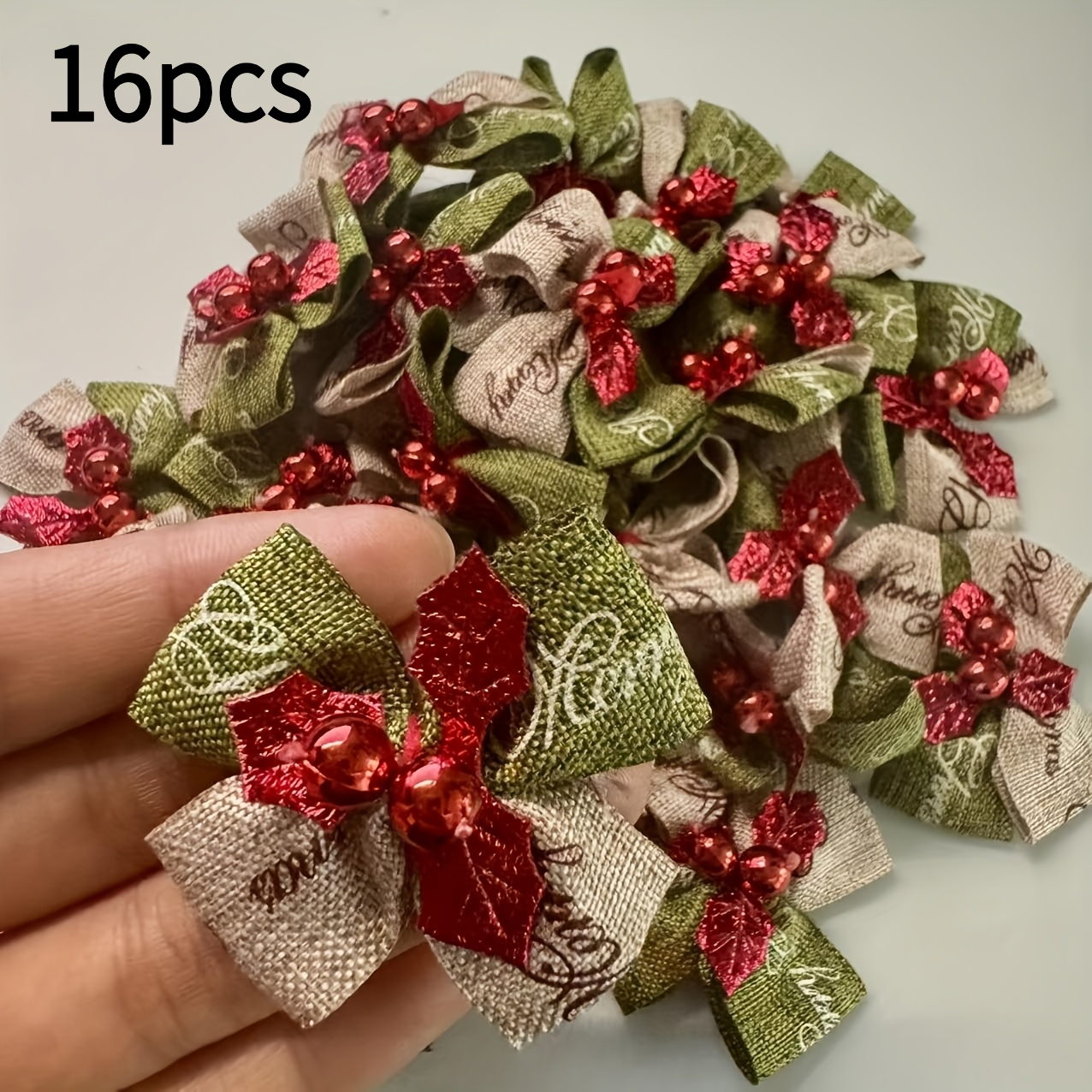 TEMU Set da 16 mini fiocchi natalizi in tessuto cuciti a , adatti per decorazioni per albero di Natale, confezioni regalo, matrimoni, feste di