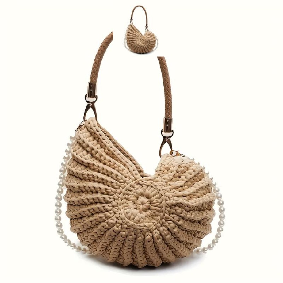 TEMU Handcrafted Shell Purse, Boho Pearl Handle, Women's Essential, Relaxed Outing Style, Fine & Sturdy, Essential For Summer