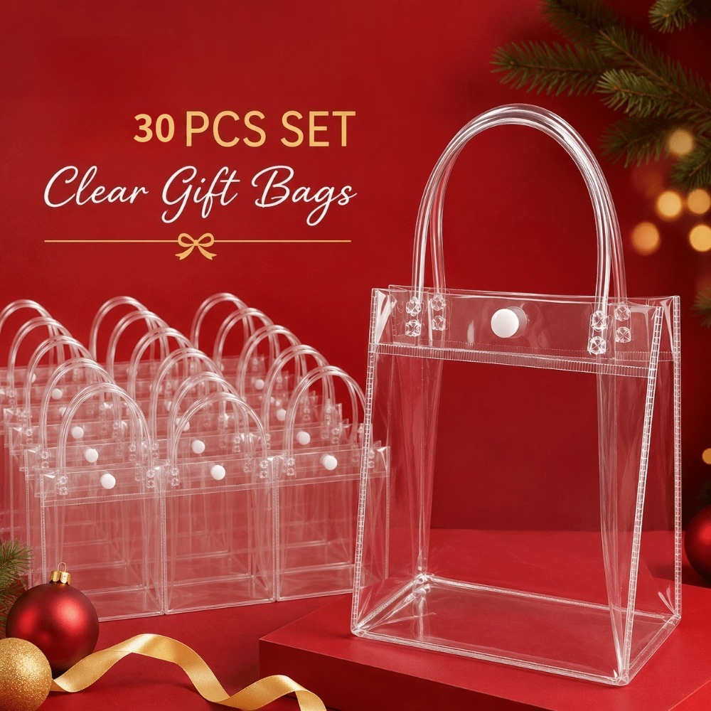 TEMU 30pcs Transparent Pvc Gift Bags, Thick And Heavy Duty Reusable Anti-fouling Tote Bag With White Recycling Handle, Large Capacity For Wedding,