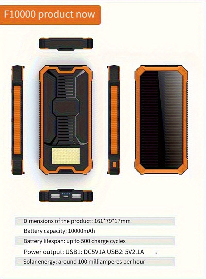 solar charger 10 000 20000mah 5v 2a 10w solar charger power bank portable solar phone panel charger dual usb port battery pack charger suitable for all mobile phones and electronic devices long lasting suitable for travel and camping led flashlight   for festivals Product details 3