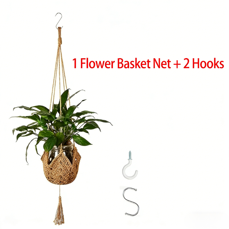 TEMU 1 Panier de fleurs en filet + 2 crochets, en rotin long de style bohème, support de pot de fleurs suspendu pour la décoration de jardinage