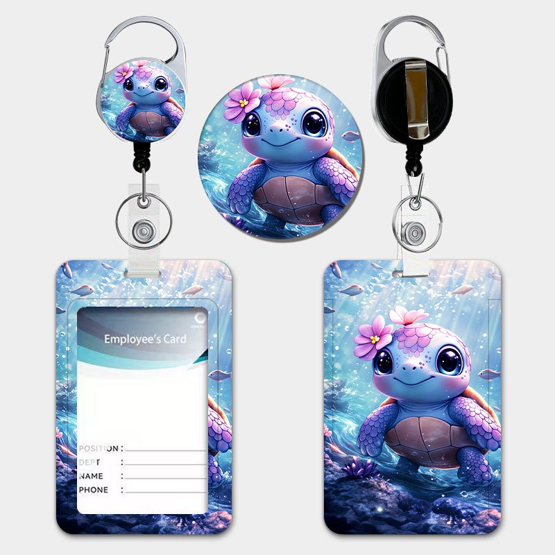 TEMU A Cute Purple Gradient Flower Printed Case Shaped Like A Turtle, Equipped With A Retractable Lanyard And Keychain, Made Of Durable Plastic Card