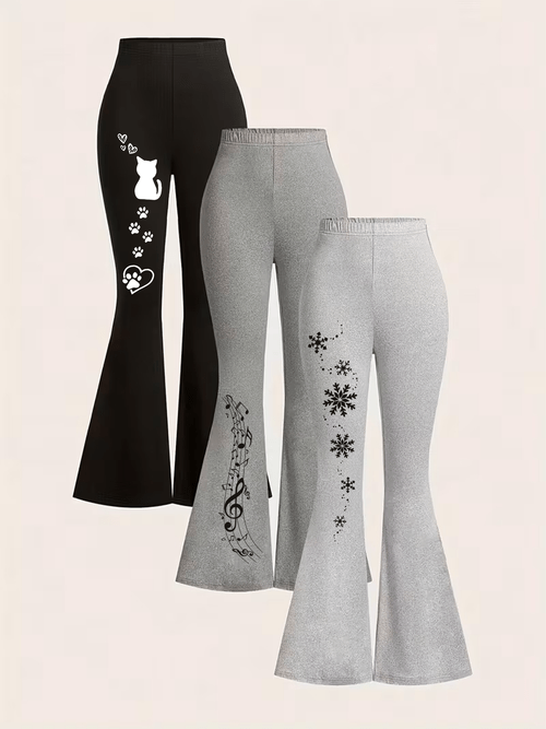 Artikelbild 3er-set damen freizeit-sportliche lange hosen in standardgröße, 3er-set schlaghosen mit cartoon-aufdruck