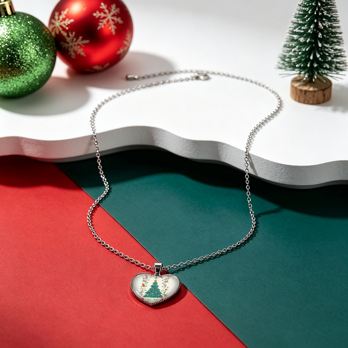 Heart-Shaped Stainless Steel Pendant Necklace, Christmas Tree Design