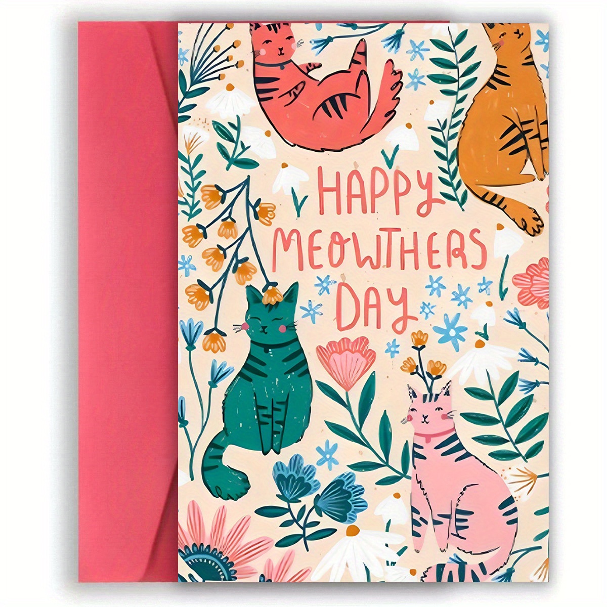 TEMU Carte de Fête des Mères, Carte de Vœux Créative pour Maman, Carte avec Motif Chaton et Fleurs, pour -Mères et Épouses, Carte avec Enveloppe,