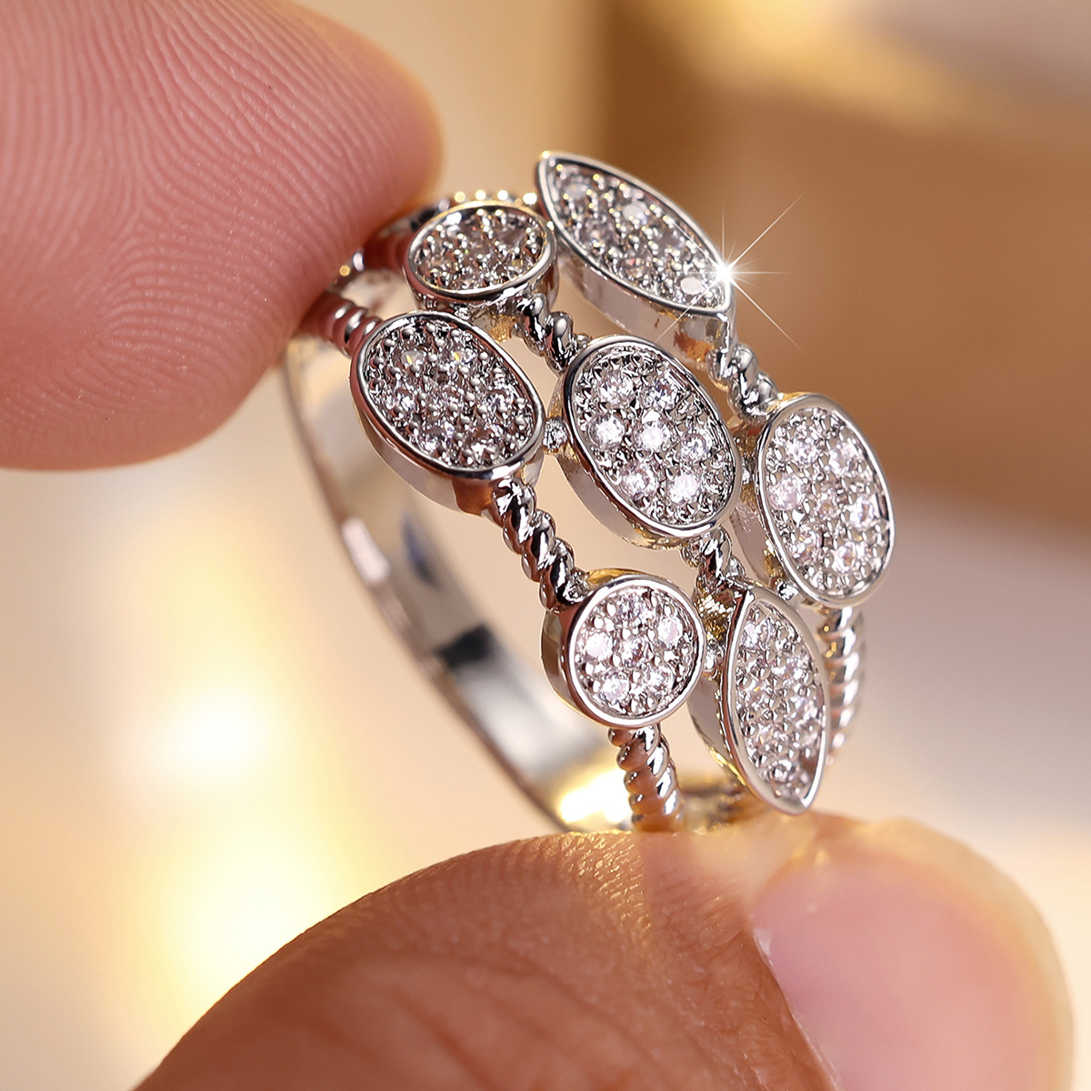 Women's Elegant Multi-Oval Paved Wide Statement Ring