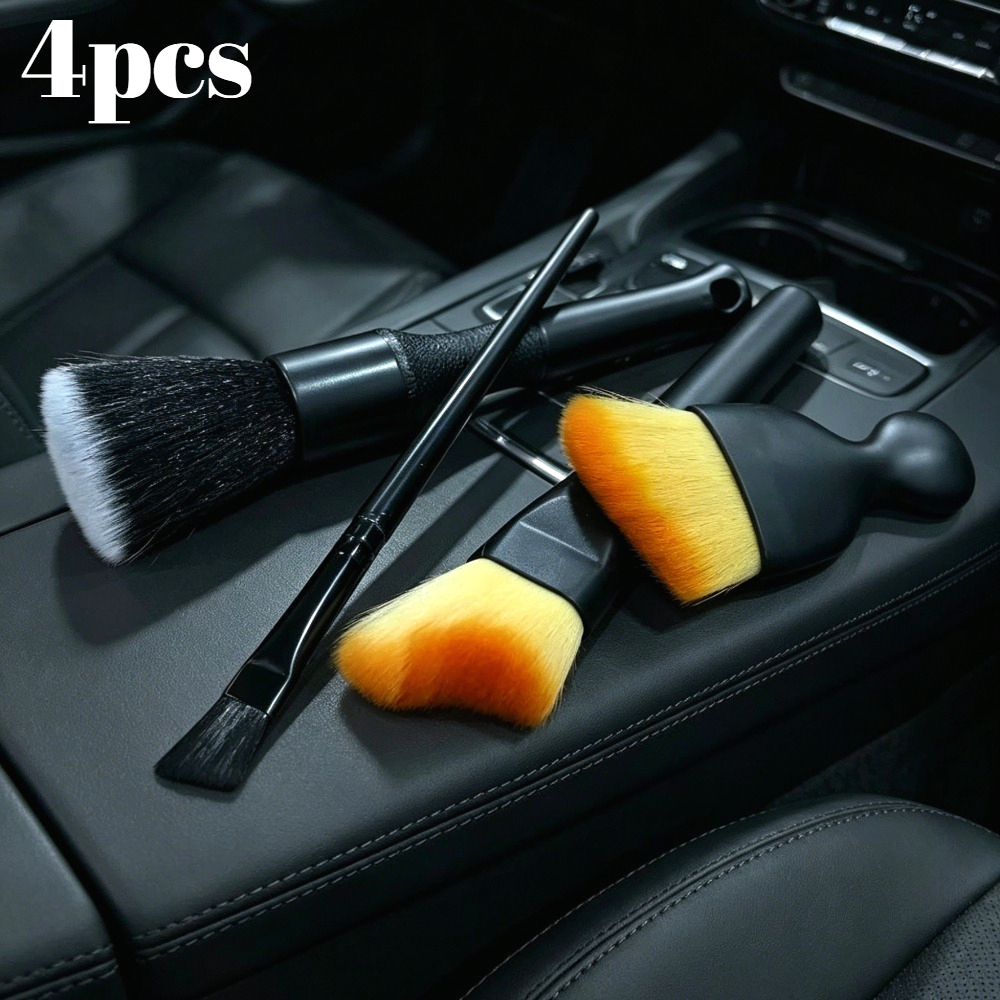 TEMU 4pcs Car Cleaning Brush Set: Long And Short Brushes For Car Interior Cleaning, Air Vent Cleaning Brush, Soft Bristle Car Wash Brush, And Crevice