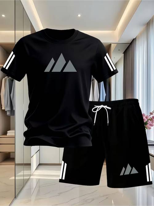 imagen del artículo conjunto deportivo casual para hombre de cuello y manga corta + pantalones cortos, transpirable, a prueba de , para deportes , fitness, citas, viajes
