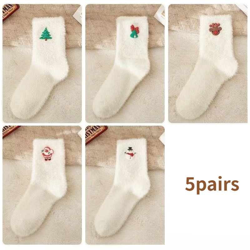 TEMU 5 Paar – -weiße weiche Weihnachts-Plüschsocken mit Applikationen Rentier, Glocken , Herbst/Winter wärmende Wohnsocken zum Schlafen, wadenhohe