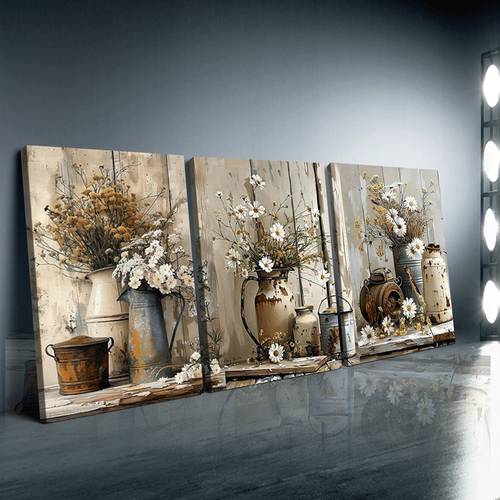 3pcs wood framed canvas paintings vintage decorative flowers and rusty watering can decorative painting home decor and accessories