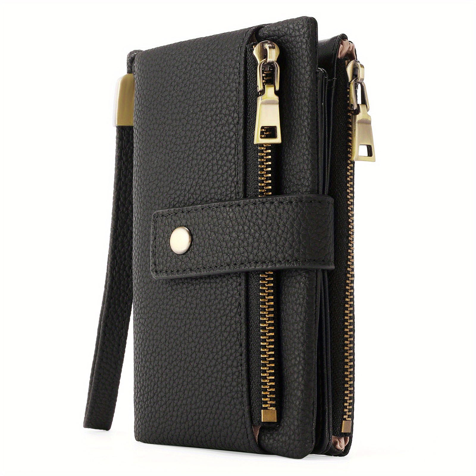 TEMU Compact Genuine Genuine Leather Women With Rfid Protection, Stylish Zipper Clutch & Coin Purse, Black With Golden-tone Accents, Multiple Card Slots & , Mini Purse