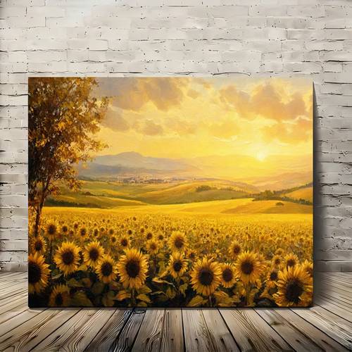 item picture 2d flat 2d flat 2d flat painting 1pc wooden framed canvas posters prints art sunflower field landscape artwork for spring summer autumn winter living room office study rustic cabin decor