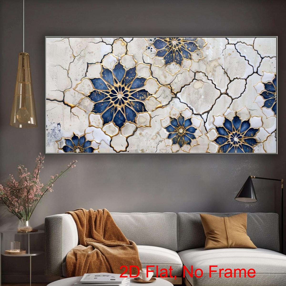 item picture 2d flat 2d flat 1pc canvas poster large modern wall art poster elegant blue moroccan geometric floral illustration print     modern textured wall decor luxury   for living room bedroom office bathroom decor