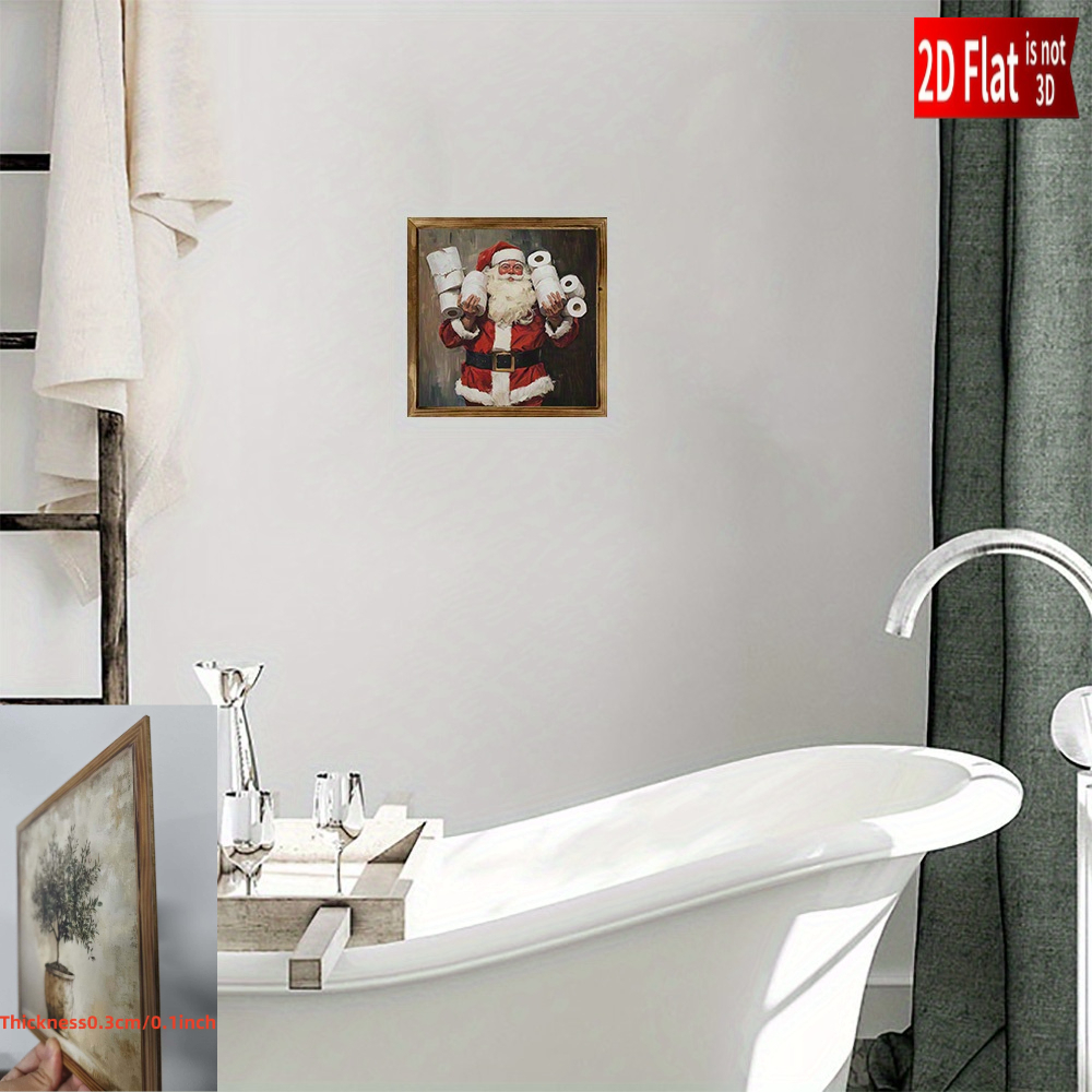 TEMU Décoration de salle de bain Père Noël 2D plat, 1 pièce - Peinture suspendue rétro en bois, décoration de Noël humoristique pour papier toilette,