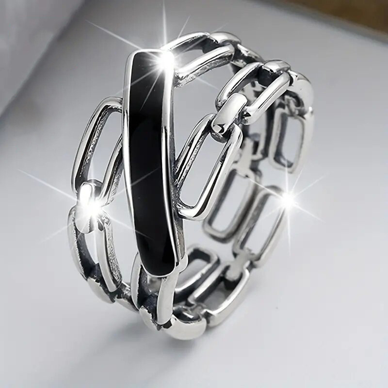 Image of Chain Ring With A , Featuring A Wide Black Enamel End, Suitable For Men And Women For Parties, Casual , Daily Wear, Holidays, And Hip Hop Style