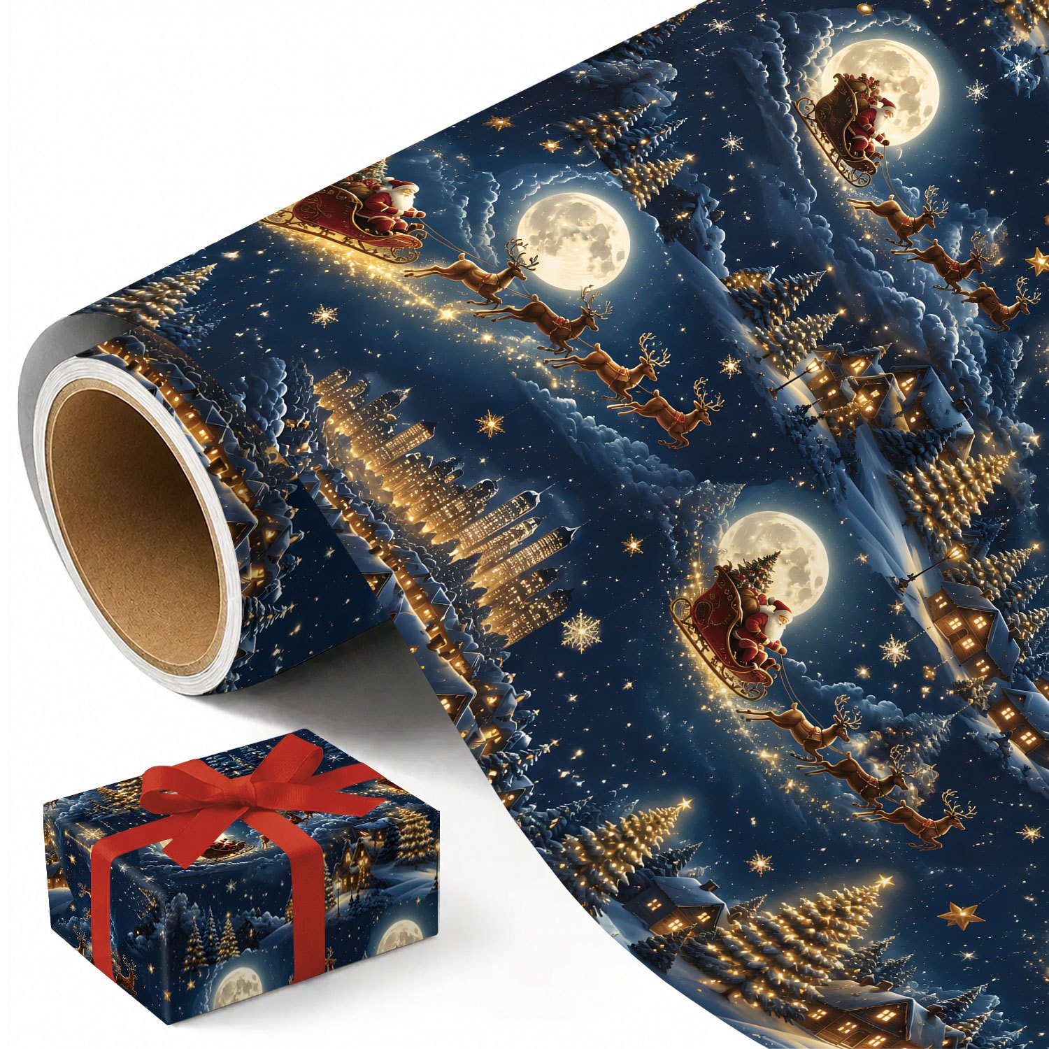 TEMU 1 Rolle Blaues Weihnachtsgeschenkpapier - Schlitten, Weihnachtsreinrüden und ein Winterdorf, Designs für die Feiertage - Abmessungen cm (17,7